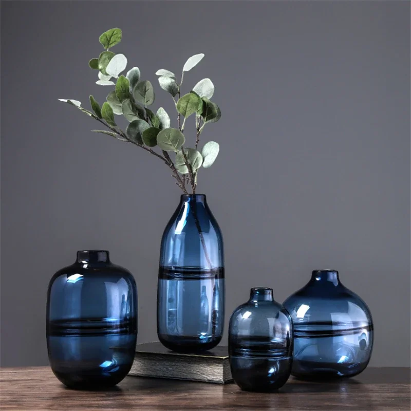 Glass Vase Nordic - Minimalist Mavi Siyah Cam Vazo Ev